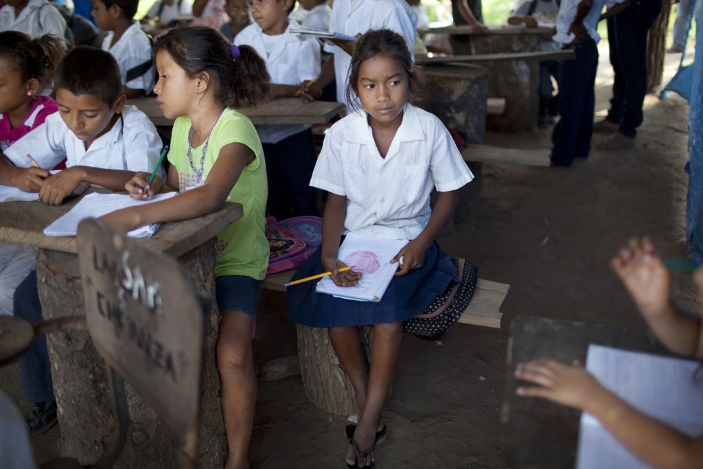 In this May 7, 2012 photo, children attend a class in a makeshift classroom in "La Confianza" peasant model city, Bajo Aguan, Honduras. Peasants from MUCA (Movimiento Unificado Campesino del Bajo Aguan) occupied around 7000 sq meters of productive land close to the city of Tocoa in the Valley of Bajo Aguan, eastern coast of Honduras in December, 2009. They operate a comercial production of african palm and they also stablished what they call a "peasant model city" called "La Confianza" where more than 300 hundred families live. Since then an open conflict between them and the alleged owner of the land, Miguel Facussé, one of the most powerful businessmen in Honduras has left more than 60 people dead including peasants, security guards, a journalist and members of the Honduran national police. (AP Photo/Rodrigo Abd)